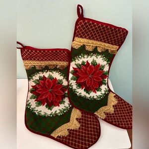 VTG Poinsettia Flower Needlepoint 18' Christmas Stocking Red Velvet Back Set 2